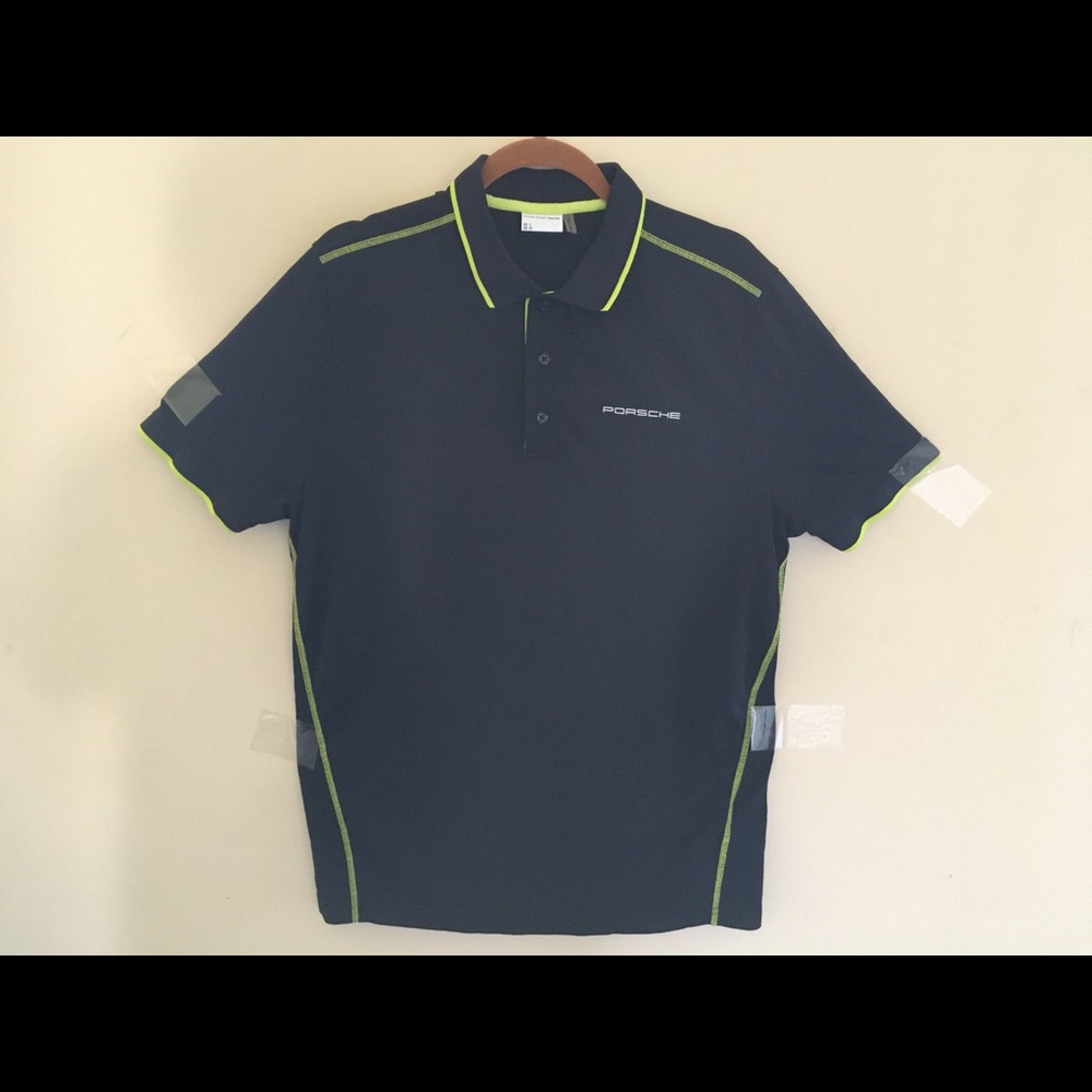 Porsche Drivers Selection Polo Medium Blue with Acid Green trim.